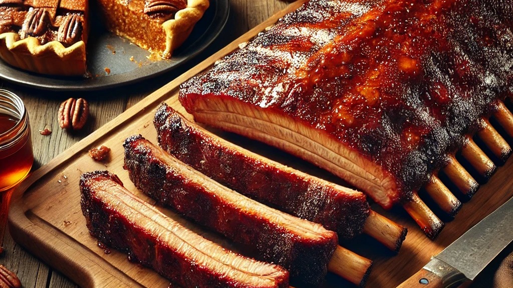 Delicious BBQ ribs recipe on a cutting board, with pecan pie dessert nearby.