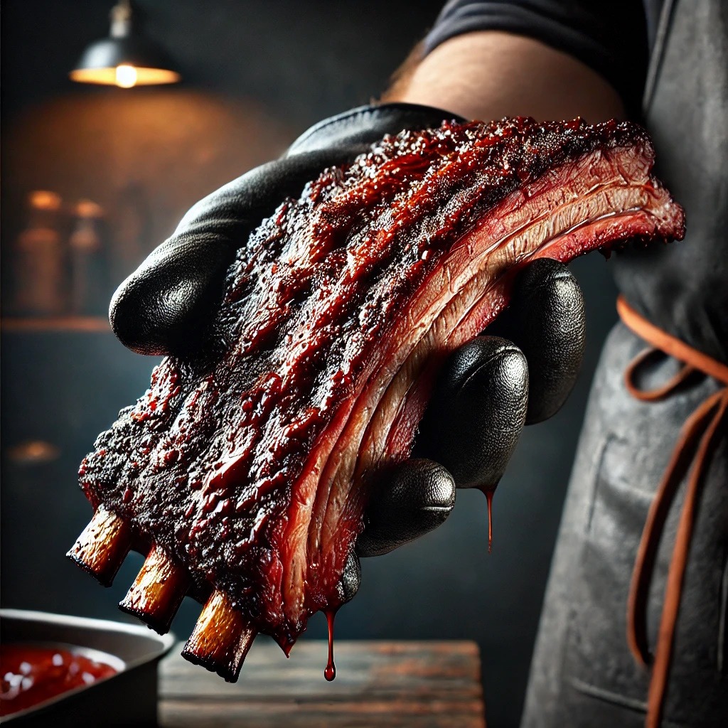 Juicy smoked beef DINO ribs close-up, richly seasoned.