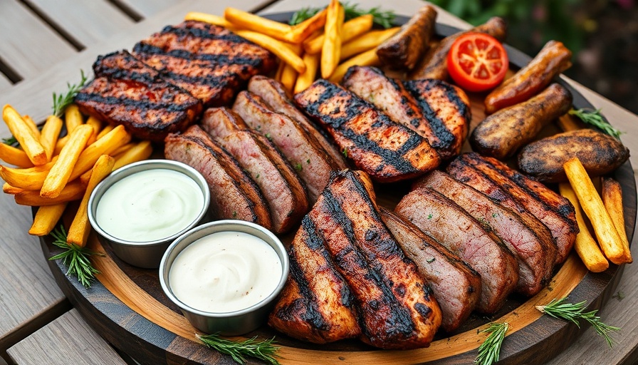 Balanced flavor profiles in BBQ platter with meats, fries, and dips.