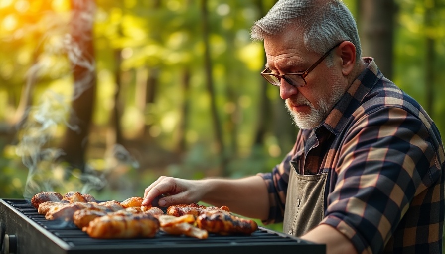 Man grilling meat in forest setting highlighting common BBQ mistakes.