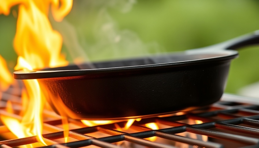 Cast iron skillet on grill flames, outdoor cooking.