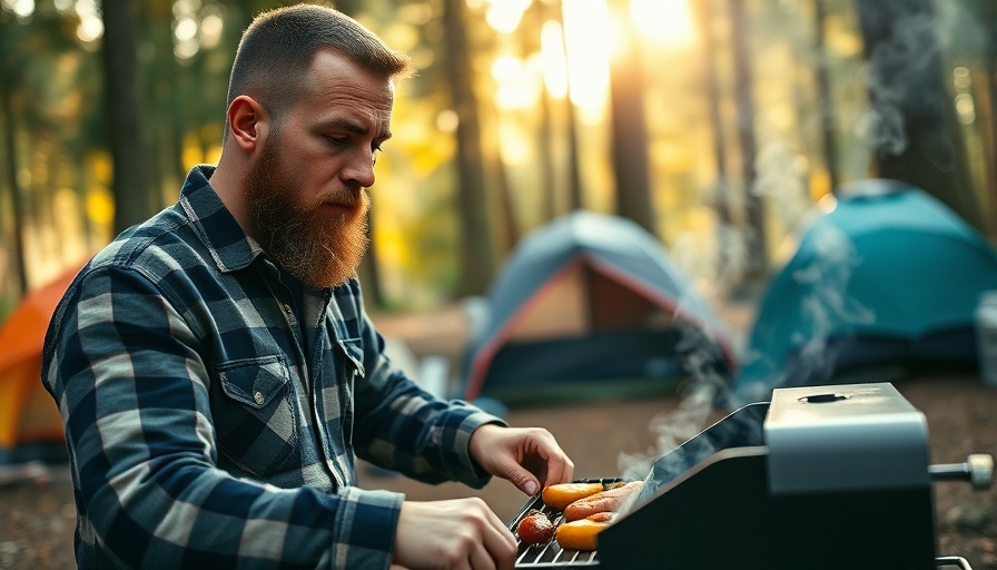 Man BBQing at campsite, showcasing how to BBQ while camping.