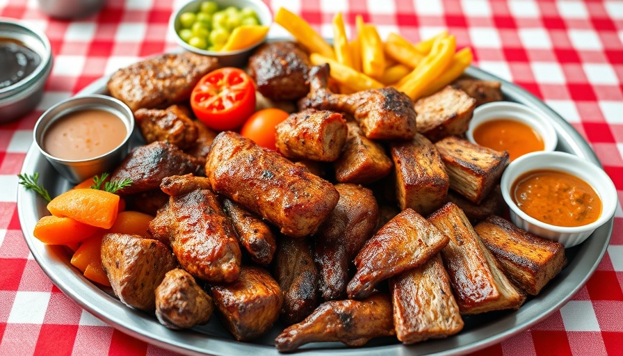 Fort Worth BBQ platter with meats and sides on checkered tablecloth.