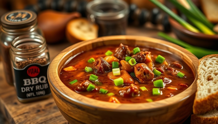 BBQ Dry Rub Gumbo Recipe with steaming gumbo in a wooden bowl.