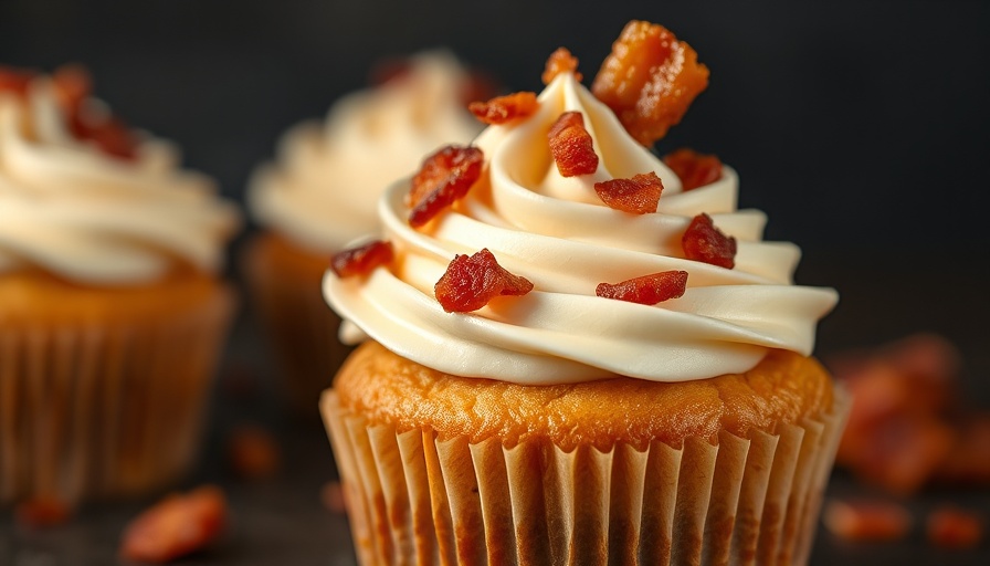 Delicious maple bacon cupcake, creamy frosting topped with crispy bacon, close-up shot.