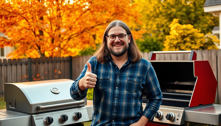 Cheerful man next to BBQ grill, thumbs up in sunny backyard.