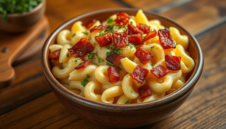 Delicious bacon mac and cheese recipe in a rustic bowl.