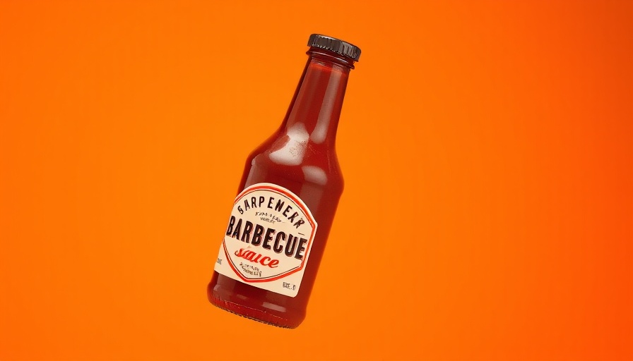 Floating hot sauce bottle on orange background, spicy theme.