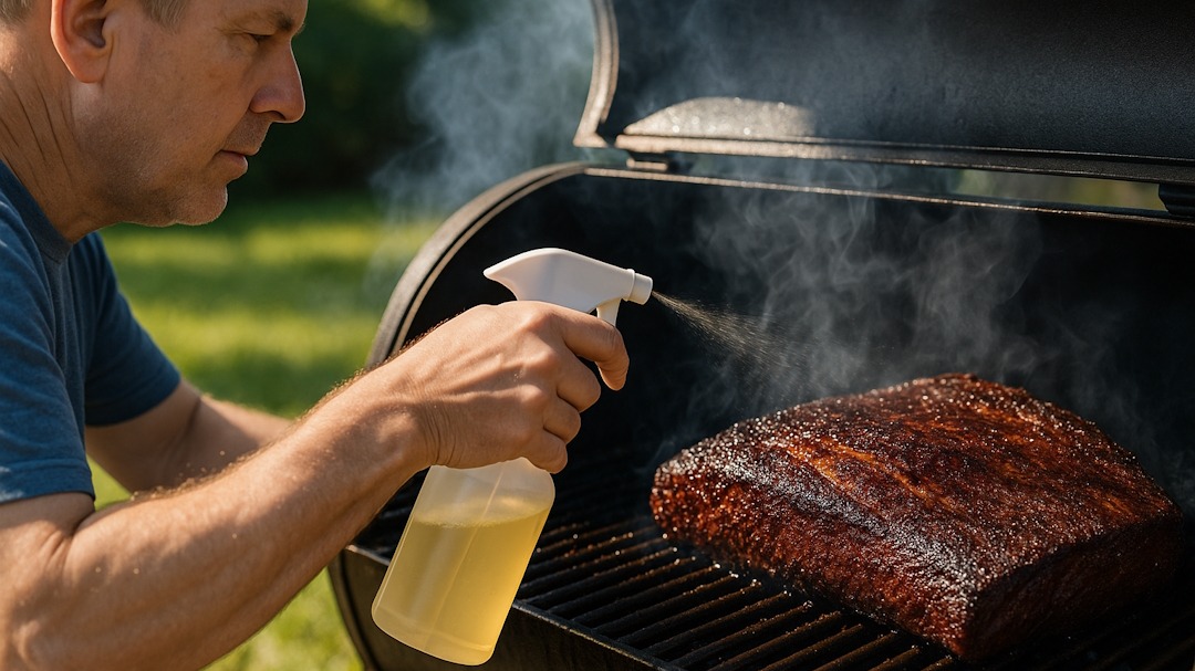 Ultimate Guide to Spritzing: Outdoor barbecue scene with spritzing bottles and brisket.