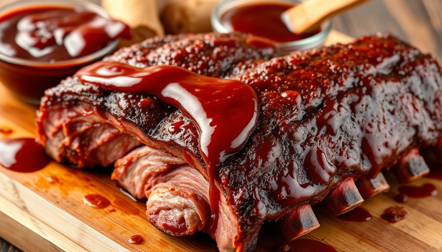 Delicious barbecue ribs on a wooden board, 3-2-1 method for ribs