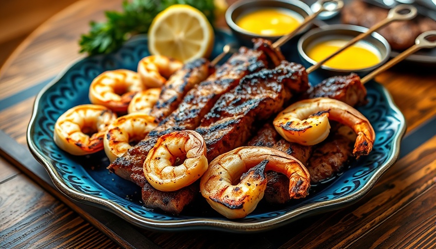 Cherry-Smoked Surf & Turf with grilled steak and shrimp.
