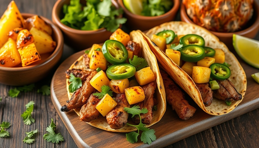 Vibrant Grilled Pork Tacos Al Pastor with toppings on a rustic table.