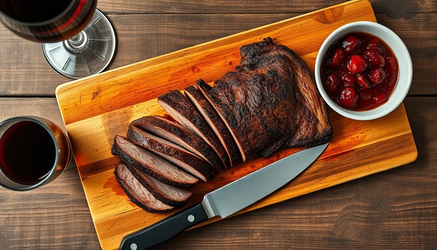 Rustic display of grilled game meat with herbs, wine, and sauce.