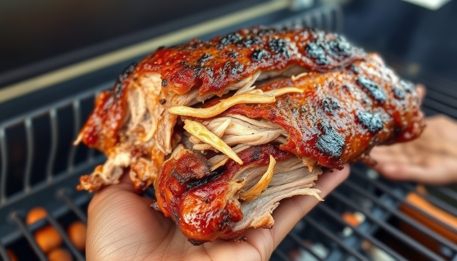 Close-up of overnight brined pulled pork on a grill, crispy texture