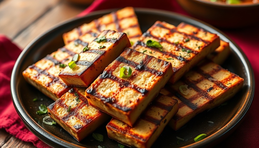 Appetizing grilled tofu recipe with herb garnish on ceramic plate.