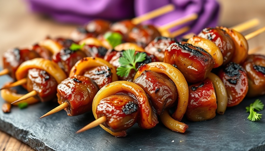 Grilled liver and onions skewers garnished with parsley on slate board.
