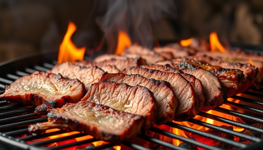 Juicy brisket on grill with flames and smoke rising.