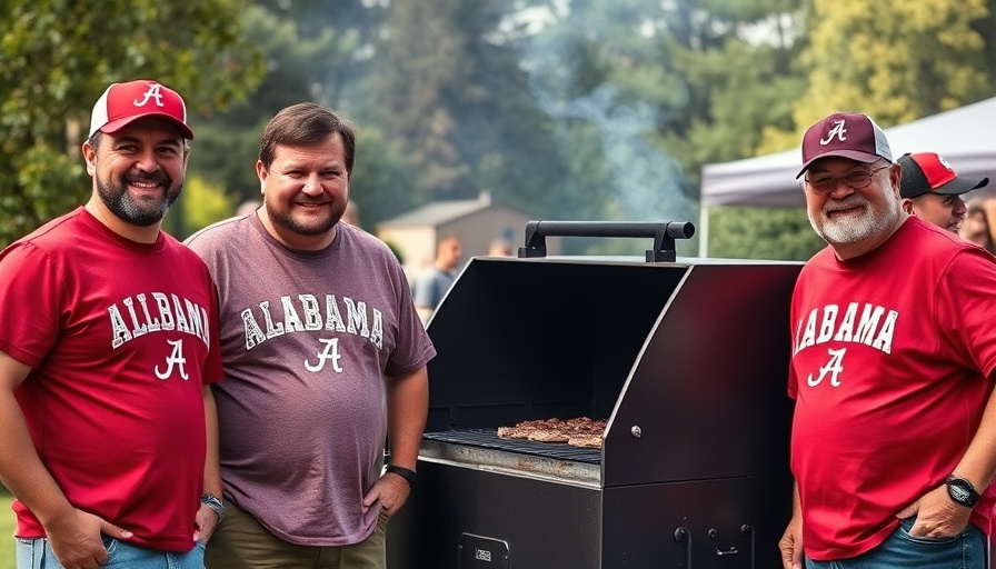 Alabama Crimson Tide BBQ event with group smiling beside smoker.