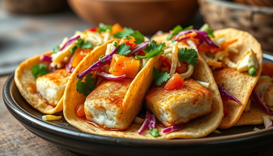 Delicious fish tacos with Cajun honey butter and slaw.