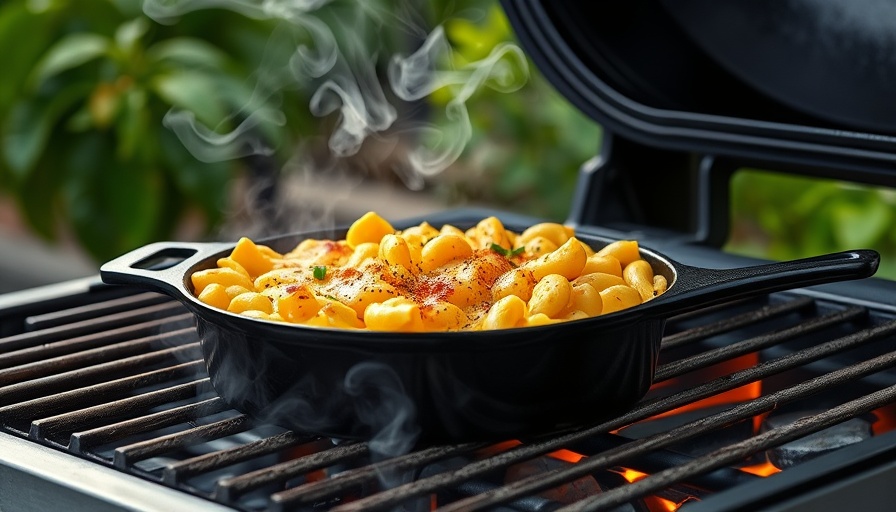 Labor Day BBQ mac and cheese on grill with steam rising