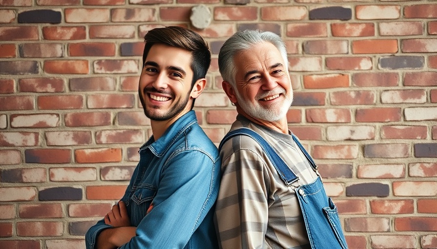 Two men smiling in front of brick wall.