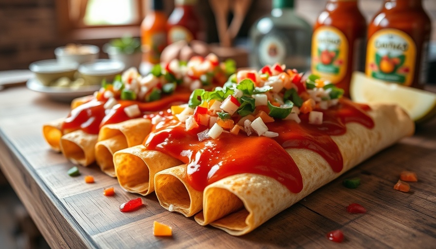 Prickly Pear BBQ Sauce Taquitos in cozy kitchen with vibrant colors.
