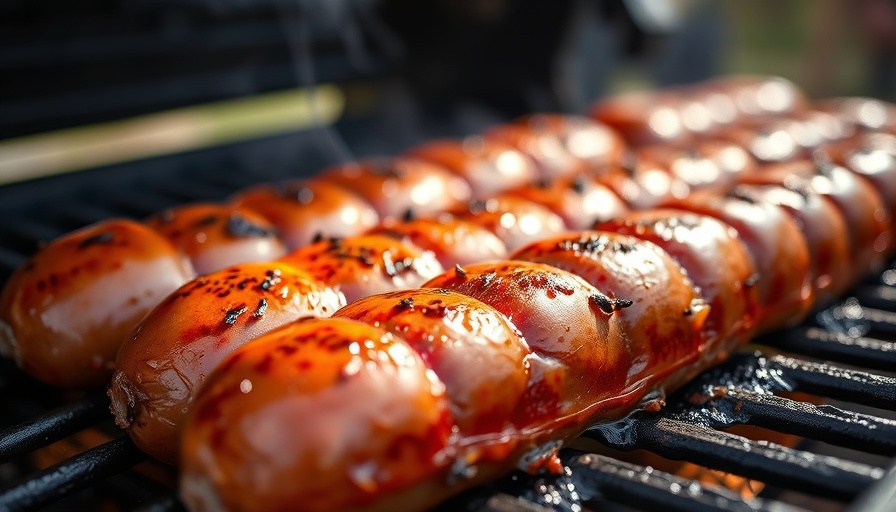 Juicy beer brats sizzling on a grill with vibrant colors.