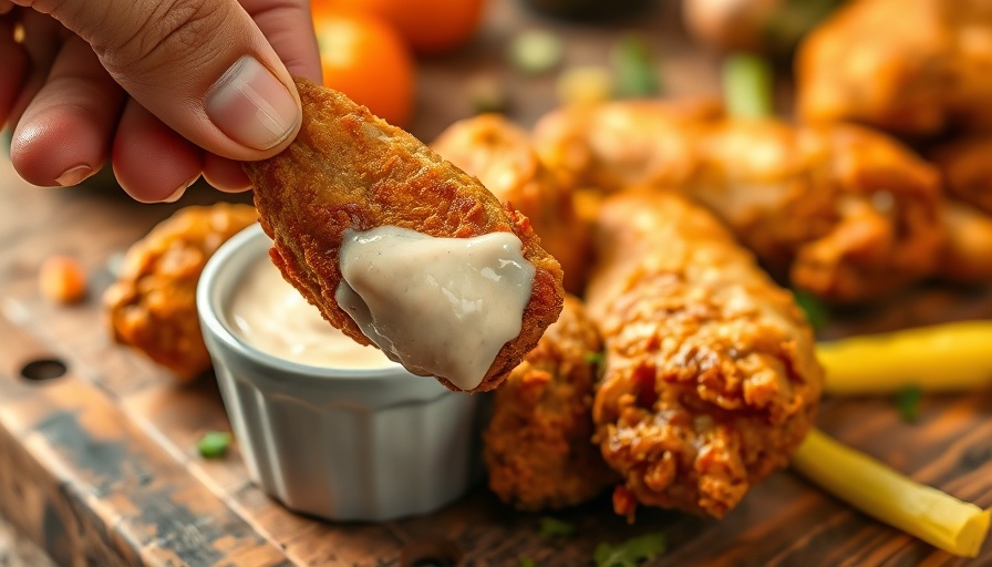 Smoked fried chicken wing dipped in sauce on wooden table.