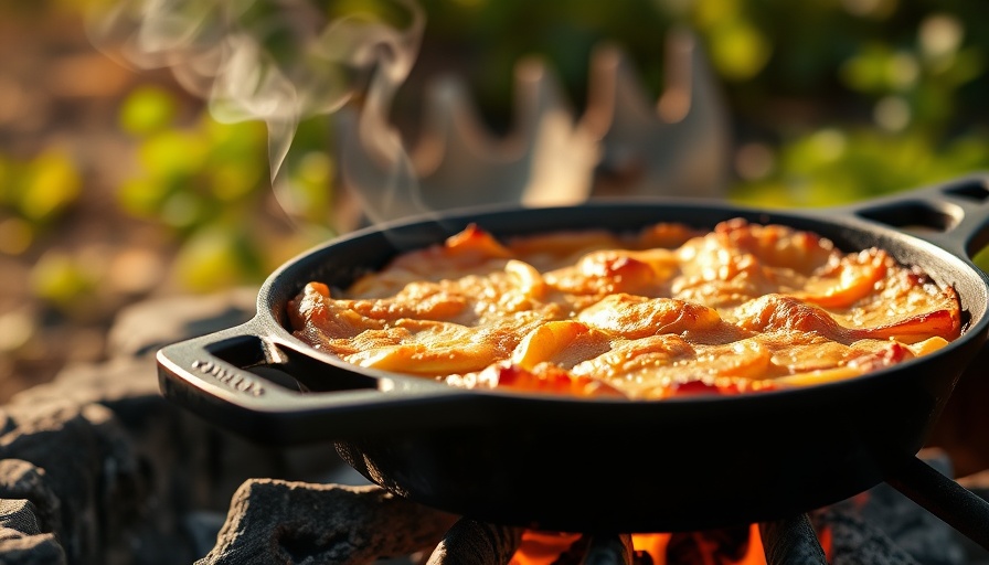 Grill fruit cobbler baking in a cast-iron pan over open flames.