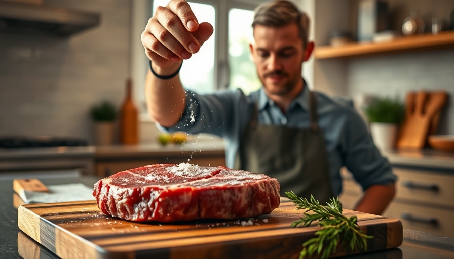 Portland Salt BBQ: Man seasoning steak in warm-lit kitchen.