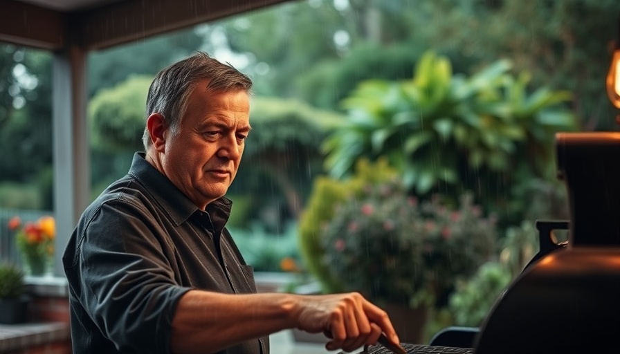 Middle-aged man grilling under patio in rain, lush garden backdrop.