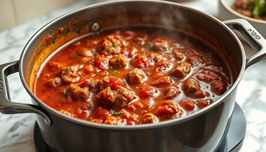 Homemade meat sauce for pasta in a pot with orange spatula.