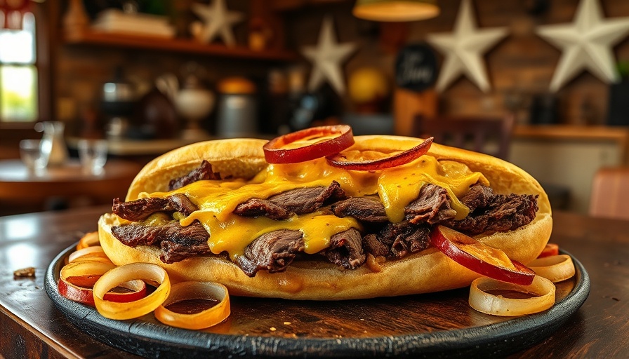 Best cheesesteak in the world on rustic table with onions and cheese.