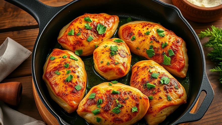 Aerial view of BBQ chicken marinated in chimichurri, served in a cast iron skillet.