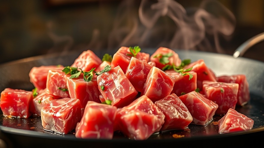 Sizzling Wagyu beef tips on a grill, garnished with fresh herbs for budget-friendly grilling.