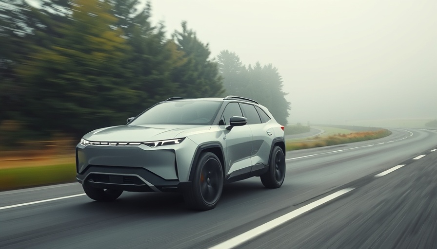 Futuristic boxy SUV driving on a foggy highway near greenery.
