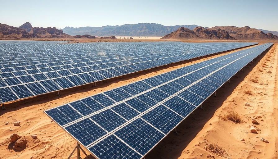 Extensive solar array generating cheap solar fuels in desert landscape.