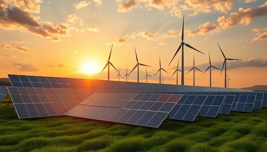 Solar panels and wind turbines symbolize renewable energy growth.