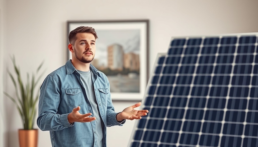 Young man explaining solar panel quotes indoors, bright setting.
