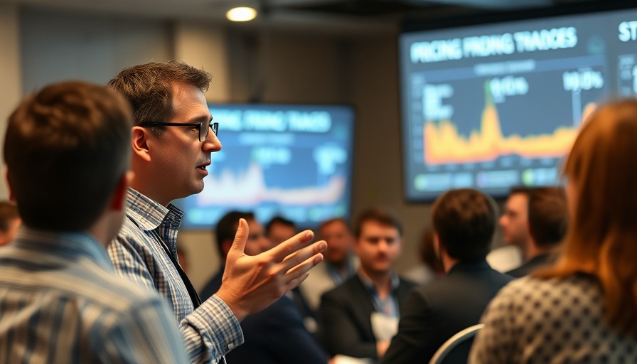 Speaker explains solar quotes trends, indoor presentation.