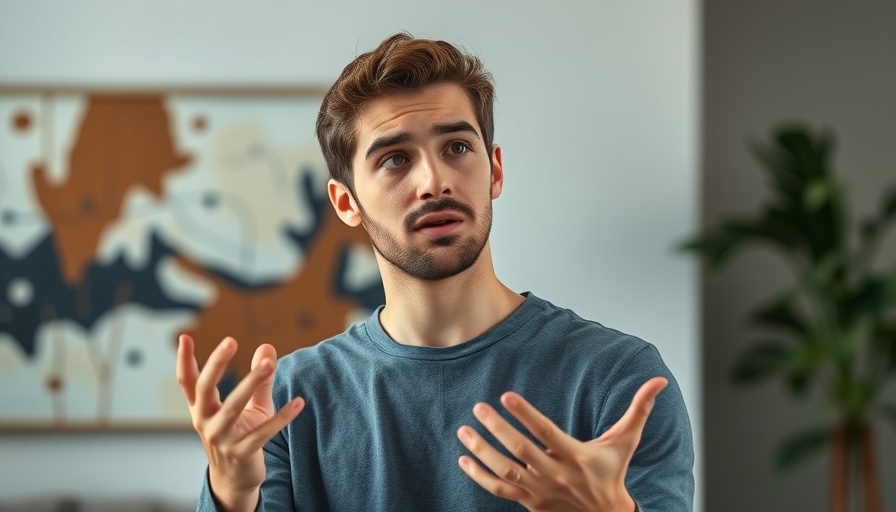 Young man explaining with gestures in an indoor setting.