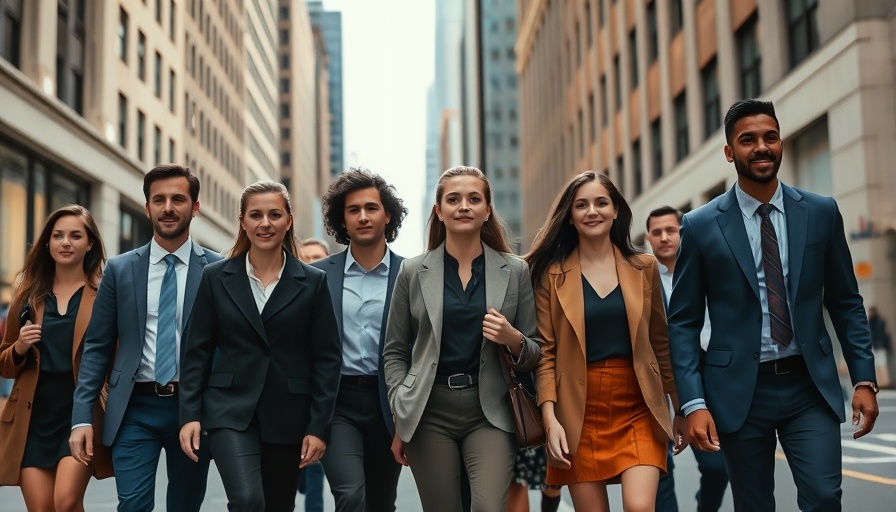 Group of solar consultants walking in city, confident expression in response to questions.