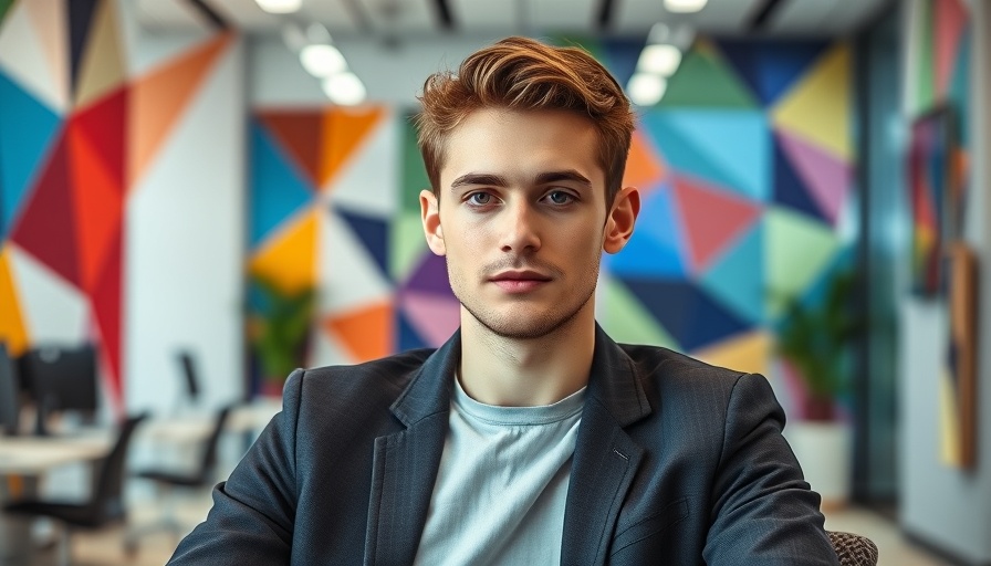 Young man discussing 30% solar credit, modern office setting.