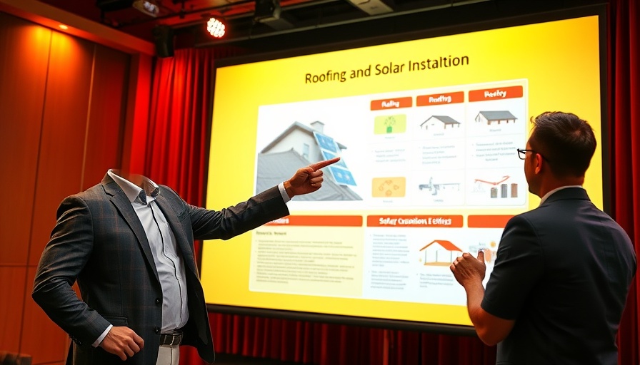 Roofing and solar installations slide with dynamic presenter.