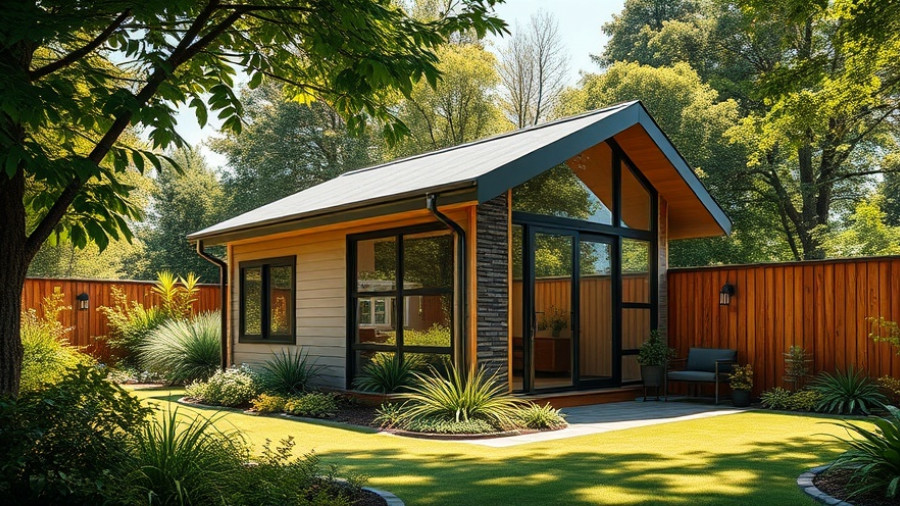 Modern accessory dwelling unit surrounded by greenery, sunlight.