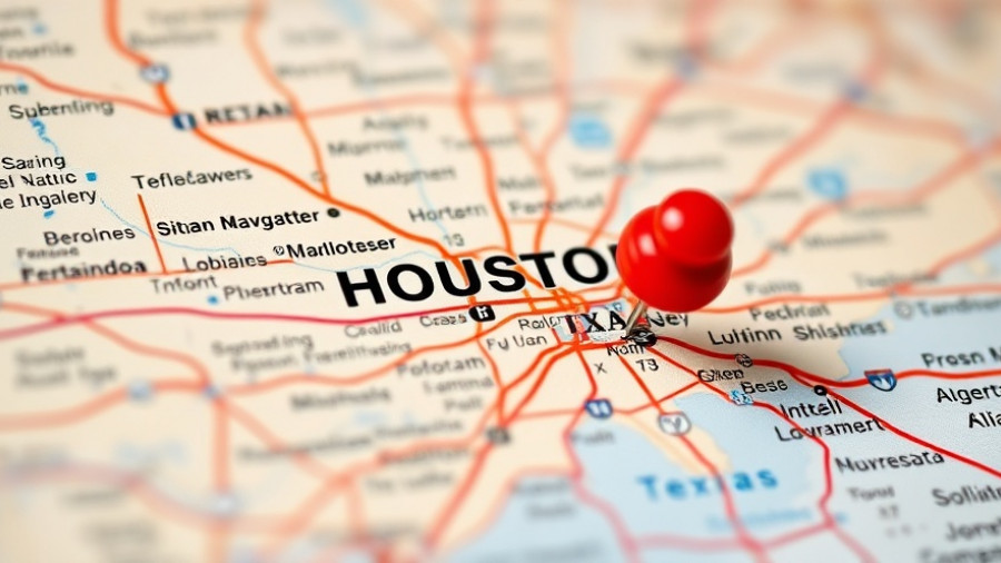 Close-up of Houston map with red pushpin highlighting location, Texas TDU Delivery Charges Explained.