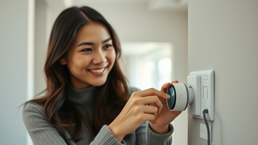Young woman illustrates outlet timer benefits in a modern home.