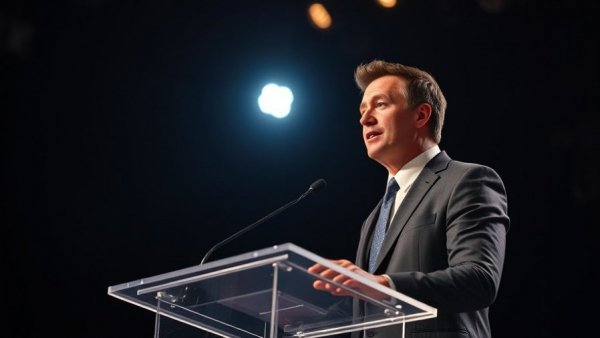 Businessman speaking at conference podium about roofing.