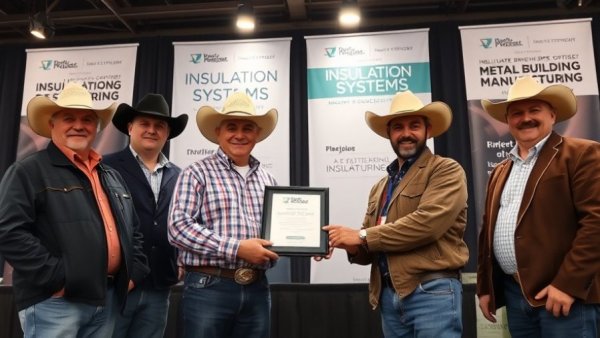 Award ceremony with group holding a plaque, related to metal roofing.