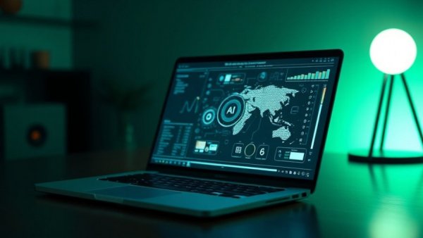 AI interface on sleek laptop in dimly lit room, AI in Roofing theme.